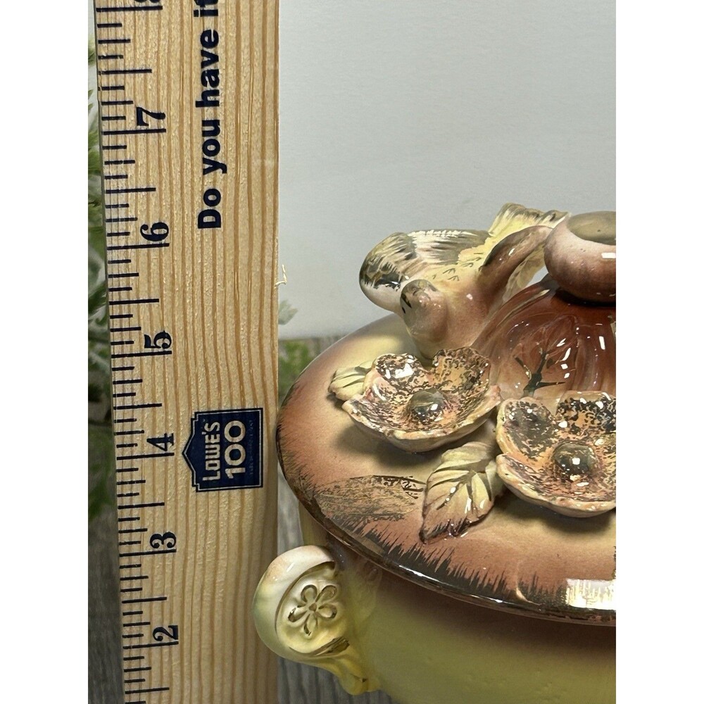 Vintage Betson Hand Painted Porcelain Lidded Box Bird & Flowers Yellow Pink Gold